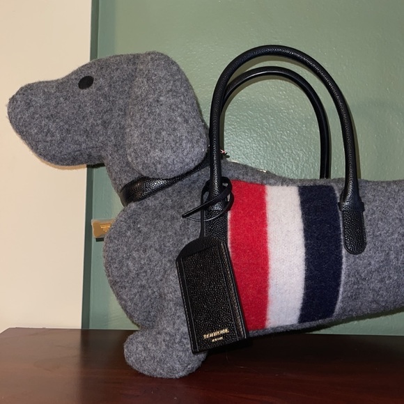 THOM BROWNE GREY BOILED WOOL STRIPE HECTOR BAG TOTE RED NAVY LARGE XL - Picture 9 of 15
